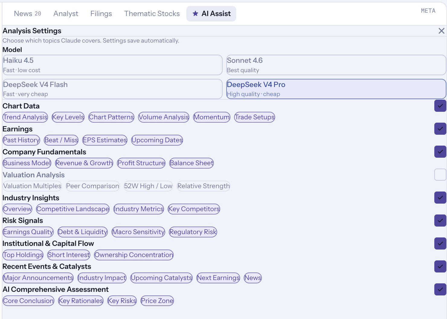Analysis settings panel with four model options including Haiku 4.5, Sonnet 4.6, DeepSeek V4 Flash, and DeepSeek V4 Pro, plus checkboxes for topic categories including chart data, earnings, company fundamentals, valuation analysis, industry insights, risk signals, institutional and capital flow, recent events and catalysts, and AI comprehensive assessment